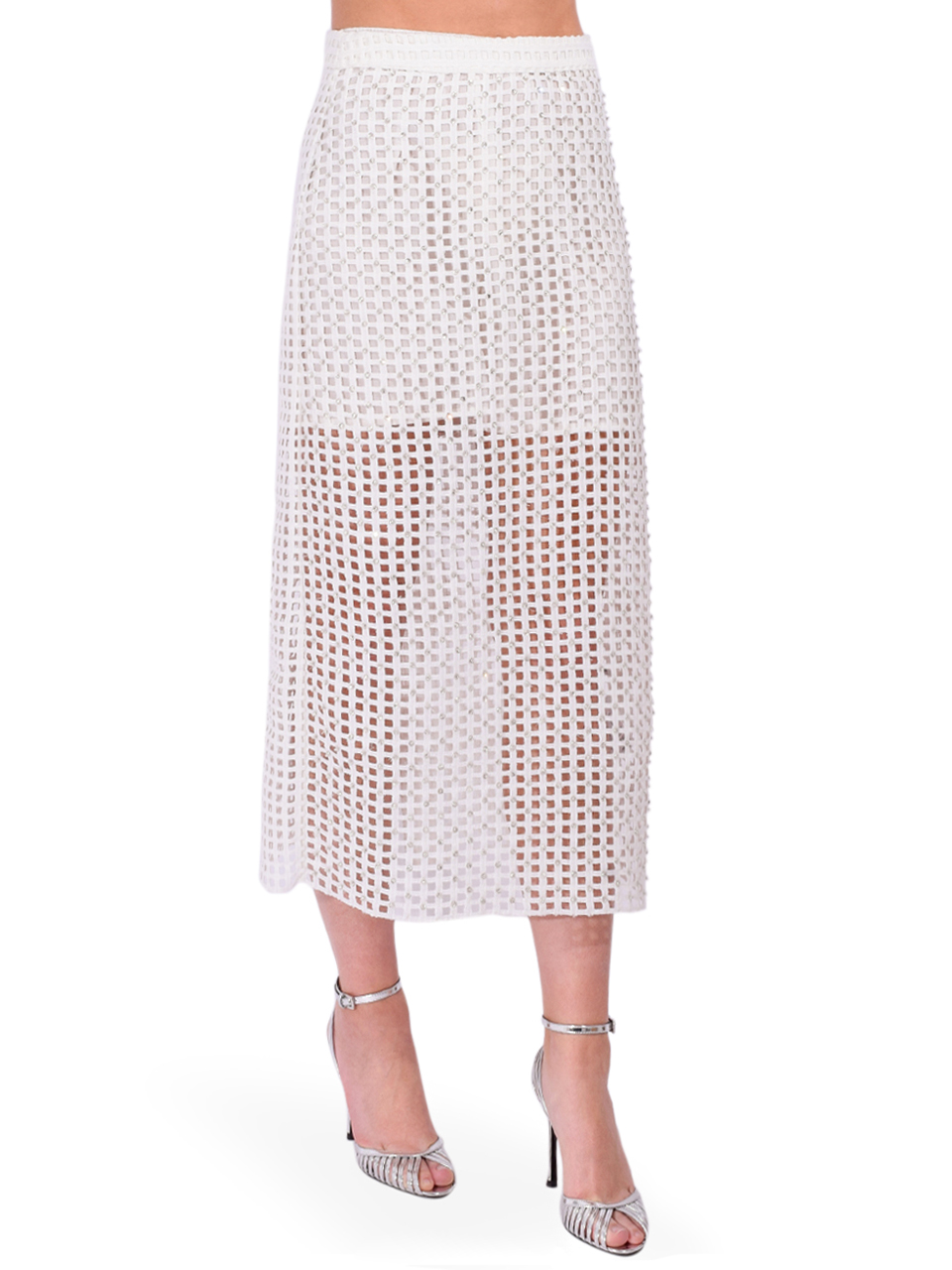 ESSENTIEL ANTWERP Mesh Skirt With Bead Embellishments in White Side View 