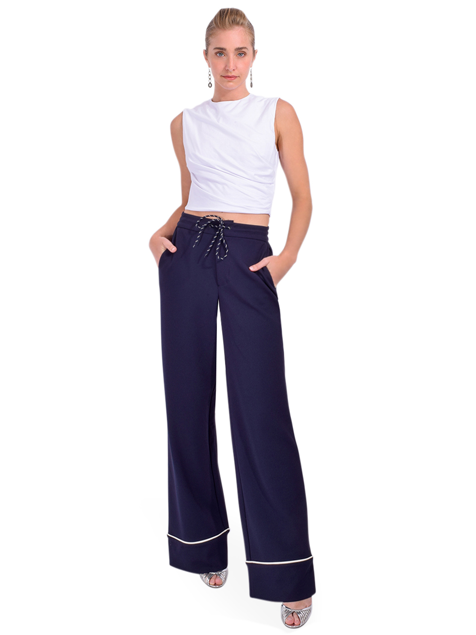 ESSENTIEL ANTWERP Hand Wide-Leg Pants in Dark Sapphire Full Outfit 