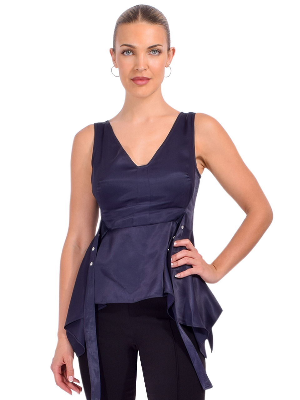 3.1 Phillip Lim V-Neck Flounce Top in Midnight Front View 