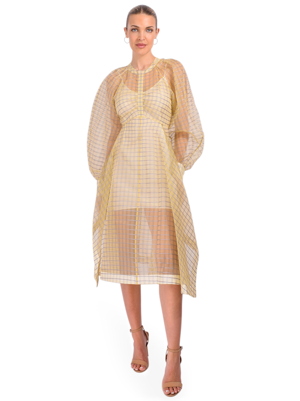 3.1 Phillip Lim Plaid Organza Flounce Hem dress in Hay Multi Front View 1