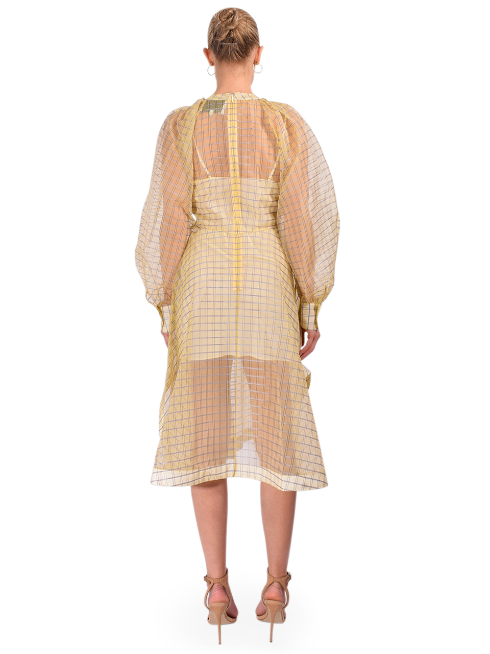 3.1 Phillip Lim Plaid Organza Flounce Hem dress in Hay Multi Back View 
