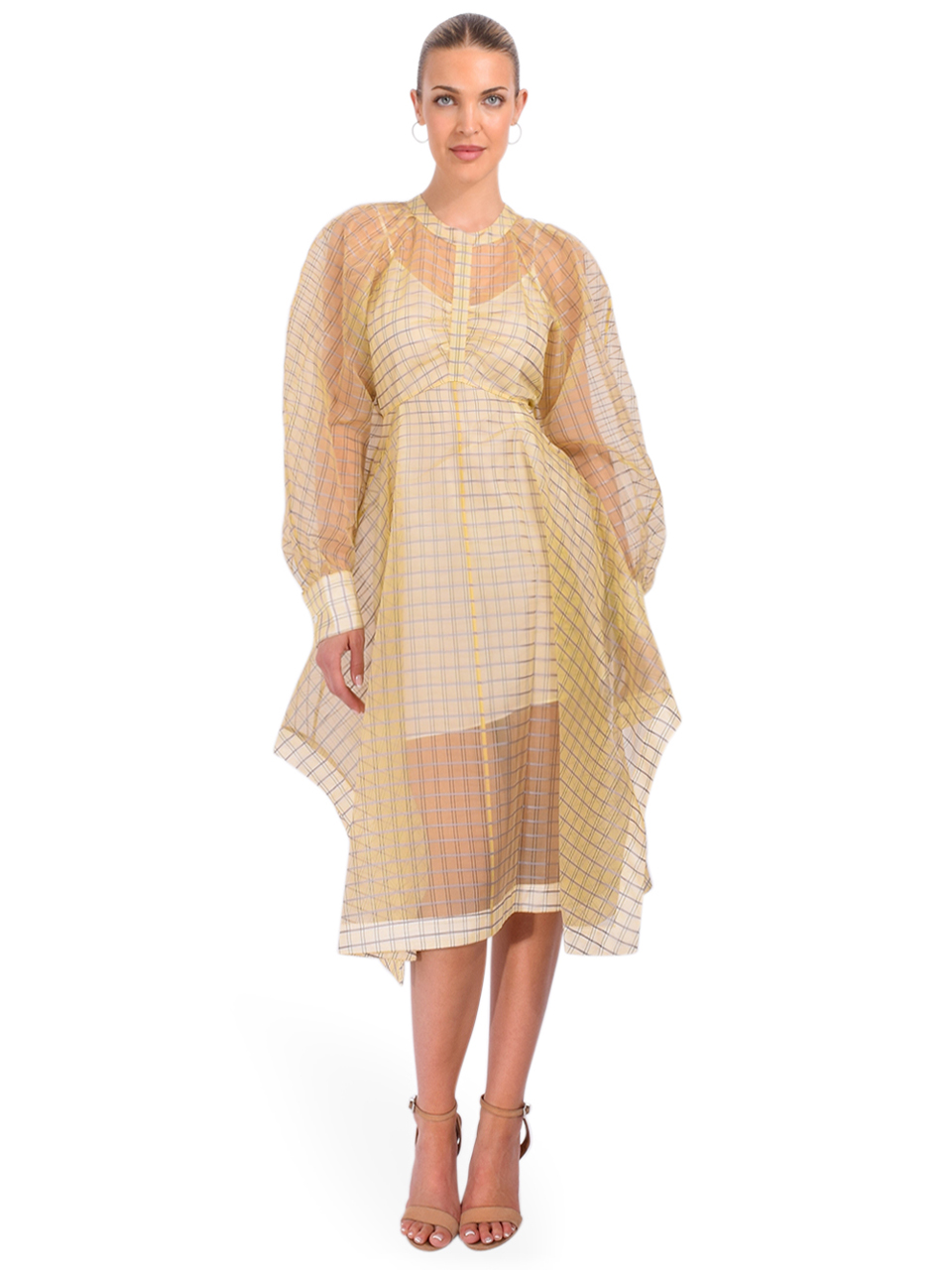3.1 Phillip Lim Plaid Organza Flounce Hem dress in Hay Multi Front View 2