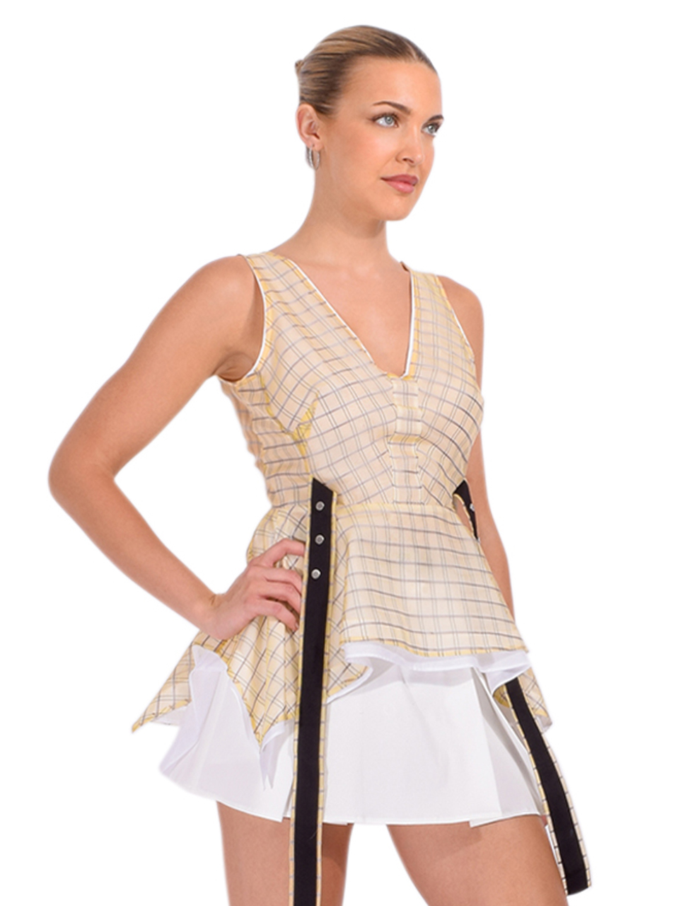 3.1 Phillip Lim Plaid Organza V-Neck Top in Hay Multi Side View 