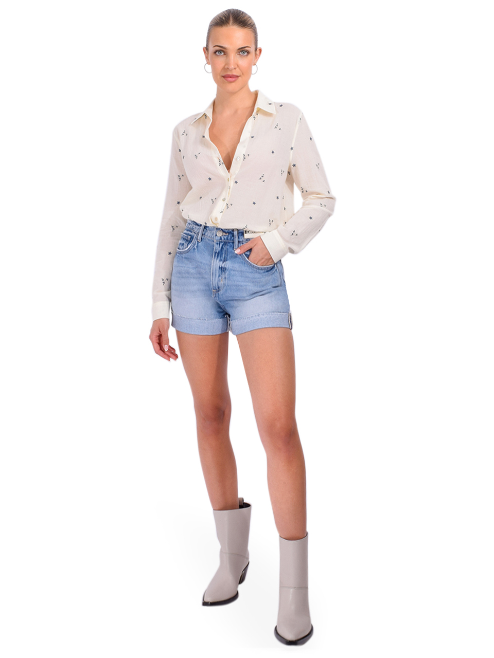 L'AGENCE Laurent Embroidered Blouse in Ecru/Blue Multi Flower Embroidery Full Outfit 