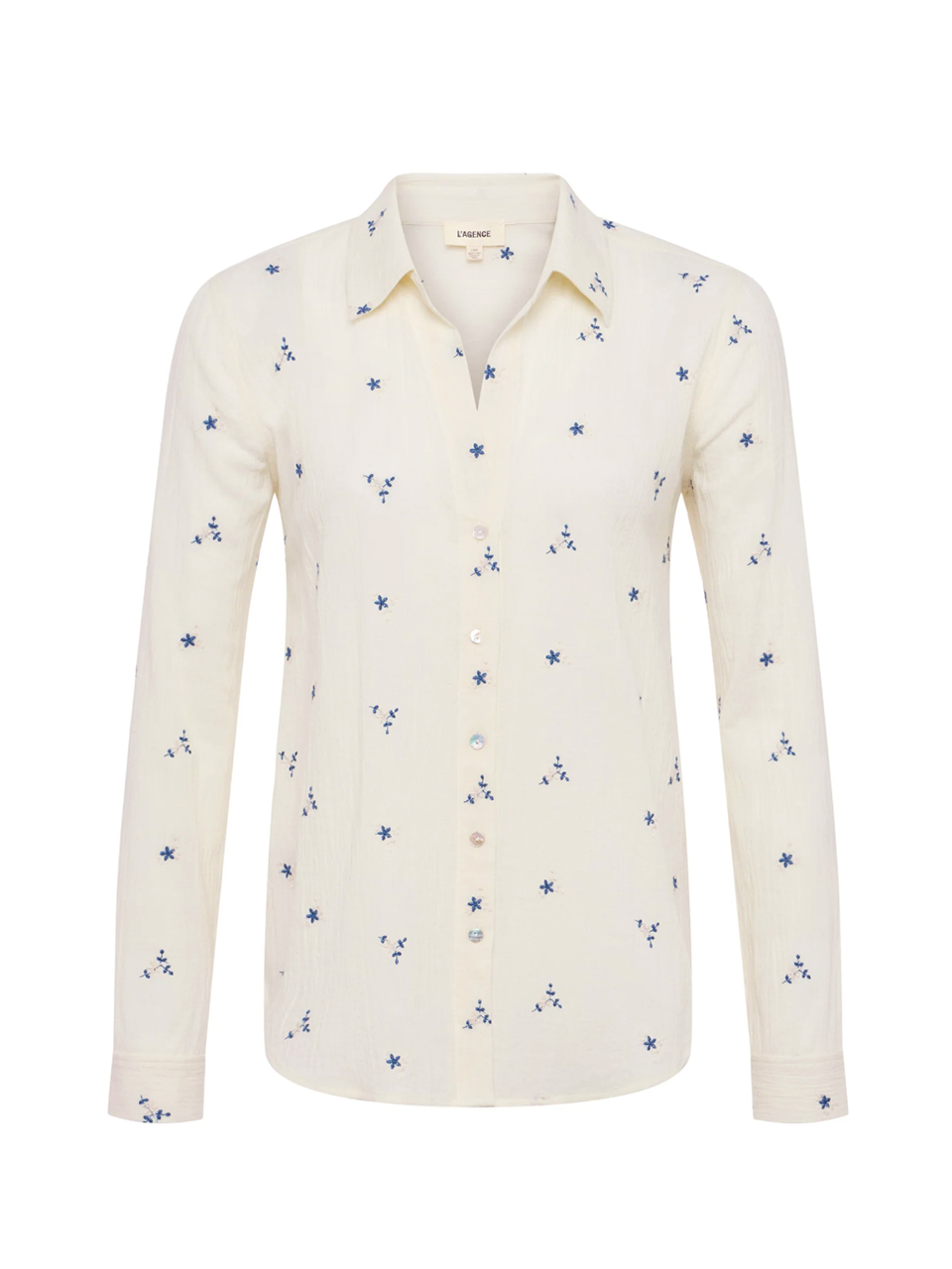 L'AGENCE Laurent Embroidered Blouse in Ecru/Blue Multi Flower Embroidery