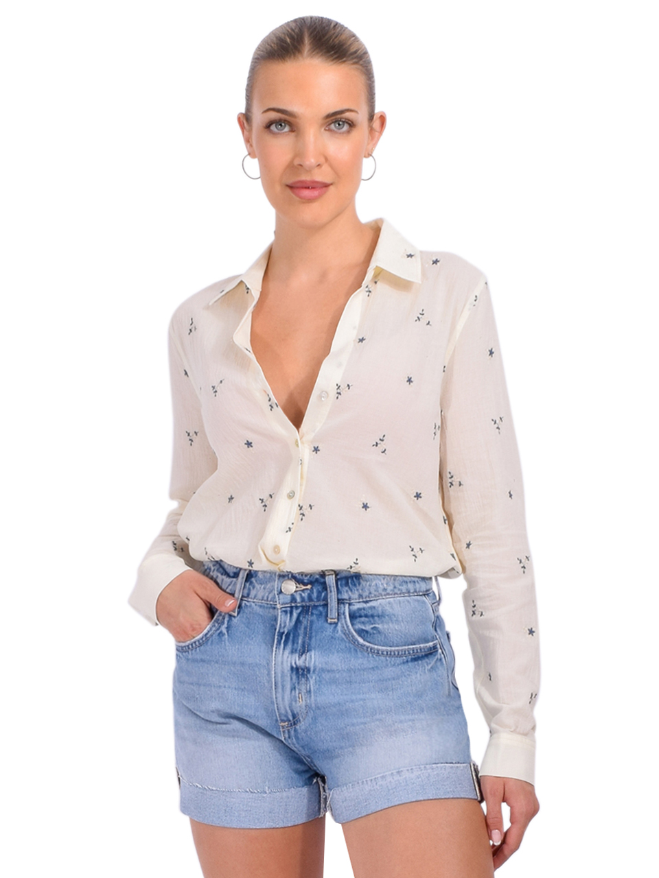 L'AGENCE Laurent Embroidered Blouse in Ecru/Blue Multi Flower Embroidery Front View 
