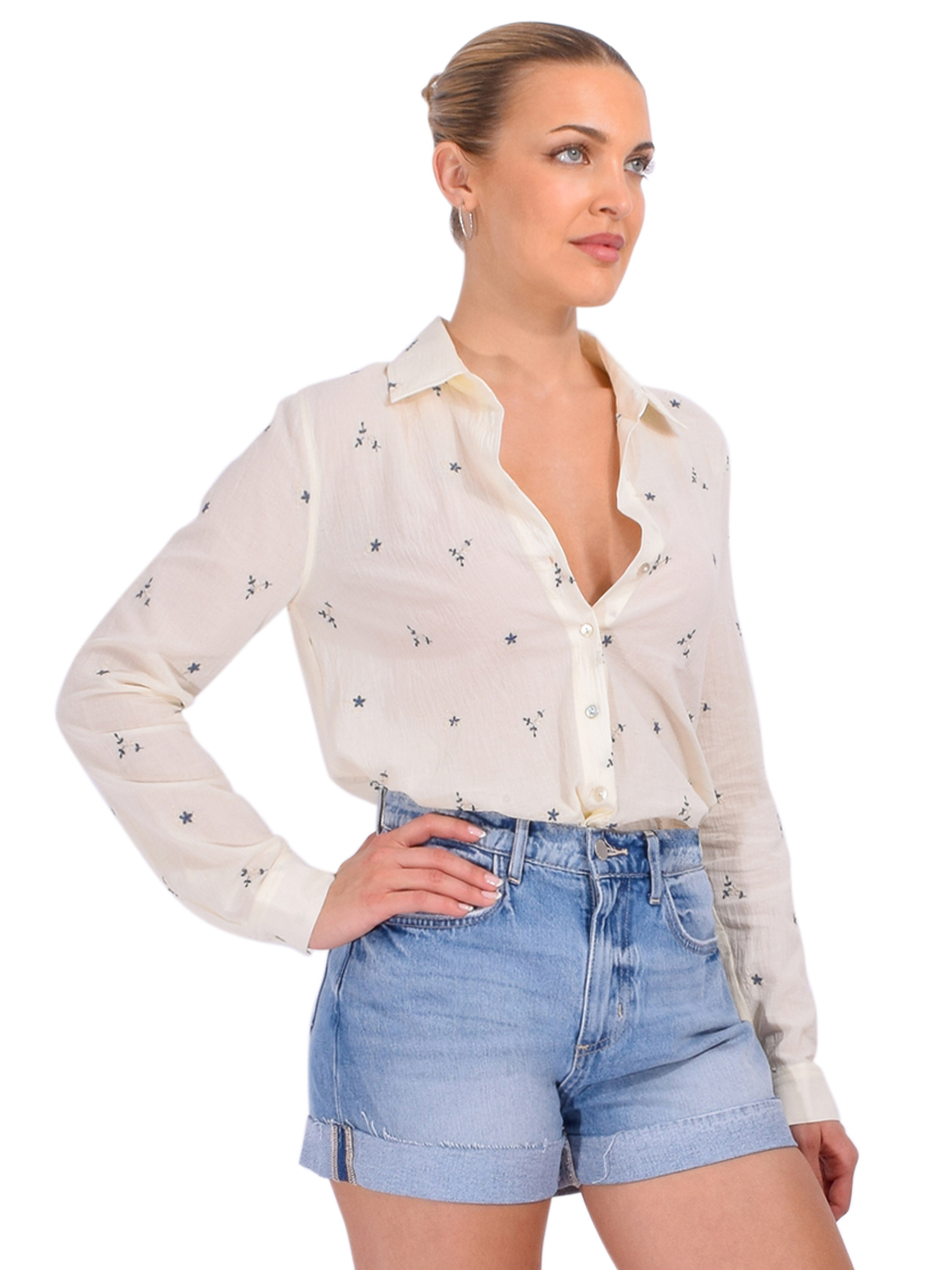 L'AGENCE Laurent Embroidered Blouse in Ecru/Blue Multi Flower Embroidery Side View 