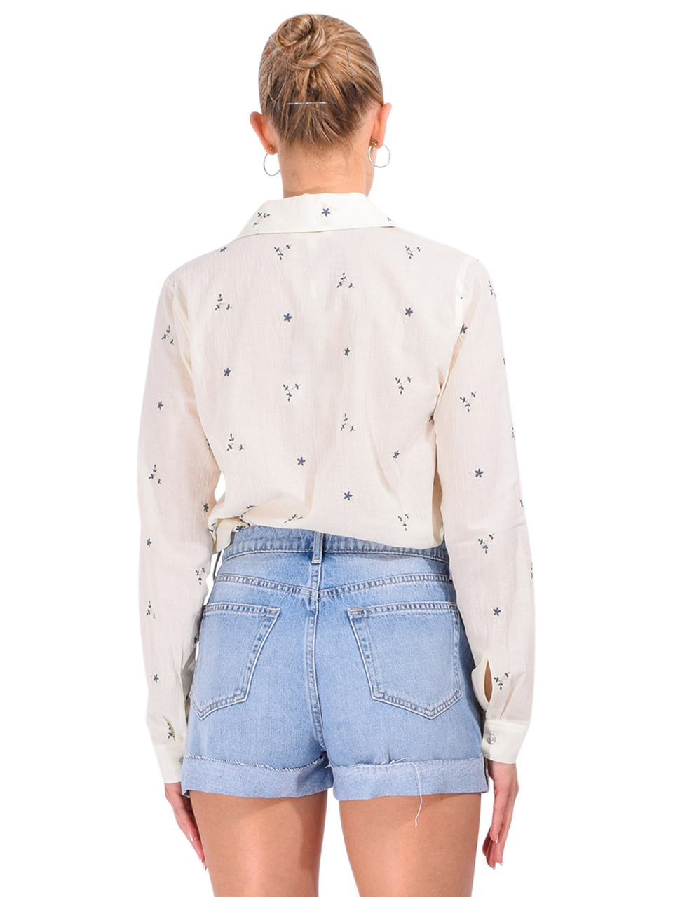 L'AGENCE Laurent Embroidered Blouse in Ecru/Blue Multi Flower Embroidery Back View 
