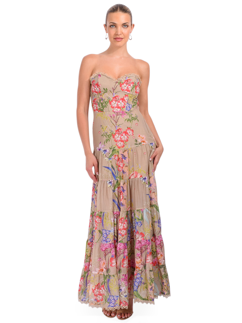 Charo Ruiz Danny Long Dress in Olive Botanic Front View 1