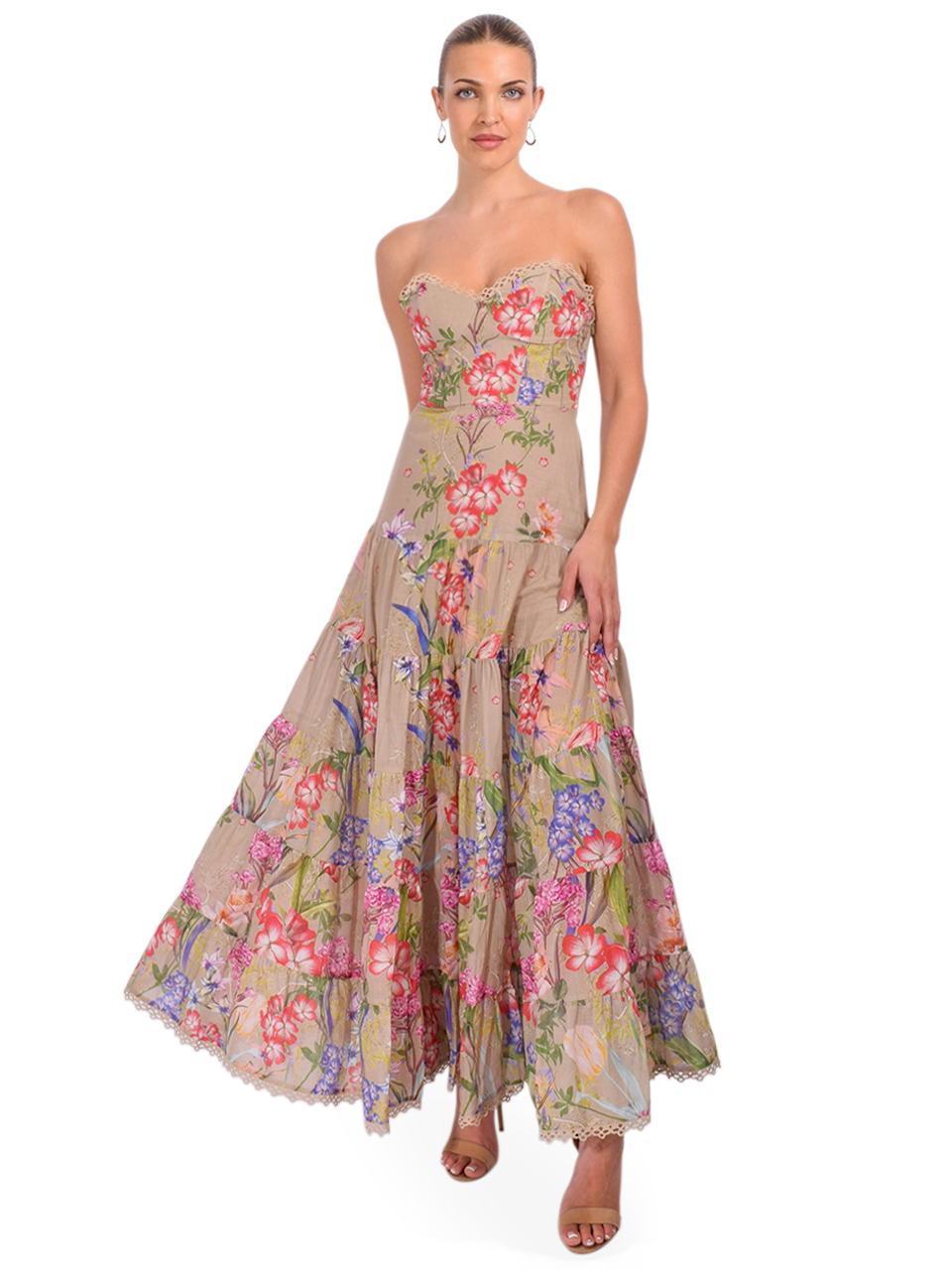 Charo Ruiz Danny Long Dress in Olive Botanic Front View 2