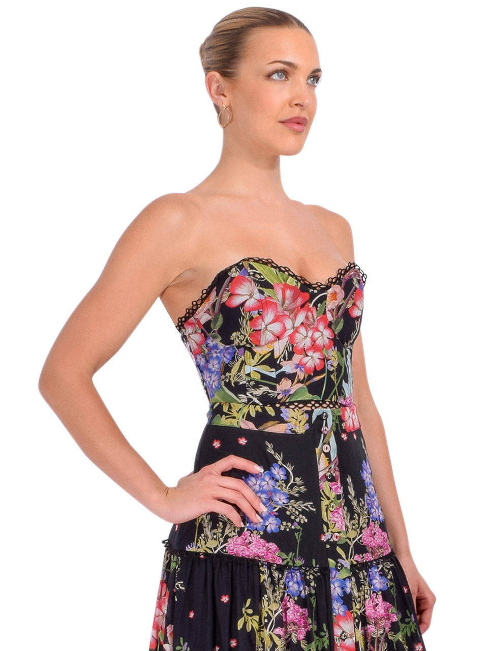 Charo Ruiz Floral Bio Bustier Top in Black Botanic Side View 