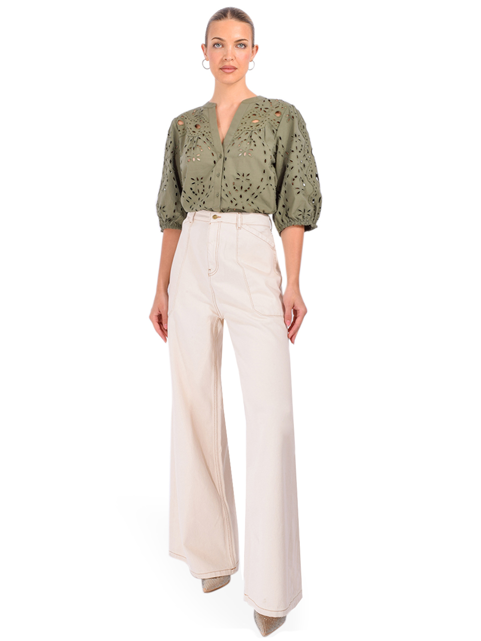 BA&SH Beatrice Eyelet Shirt in Kaki Full Outfit 


