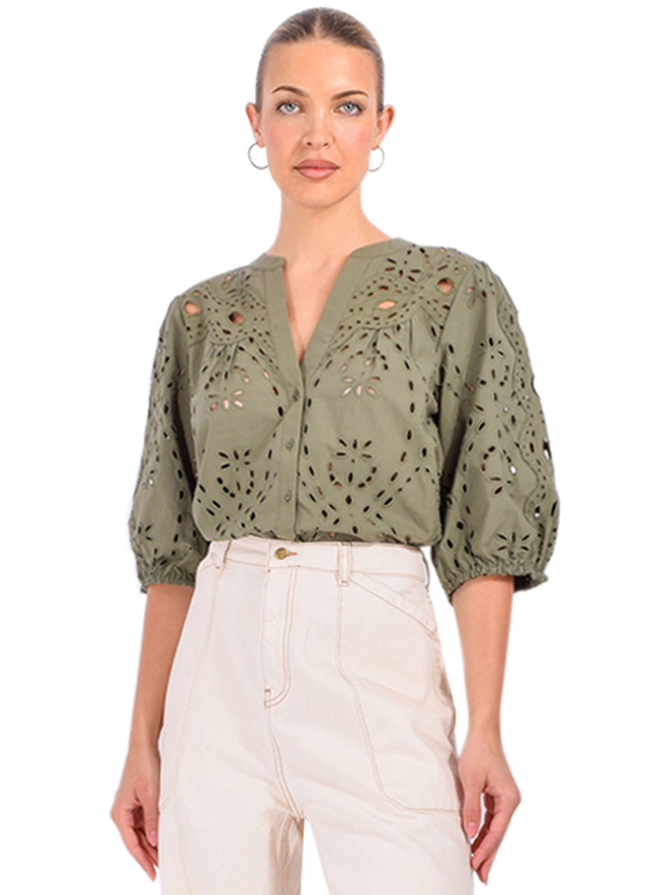 BA&SH Beatrice Eyelet Shirt in Kaki Front View 