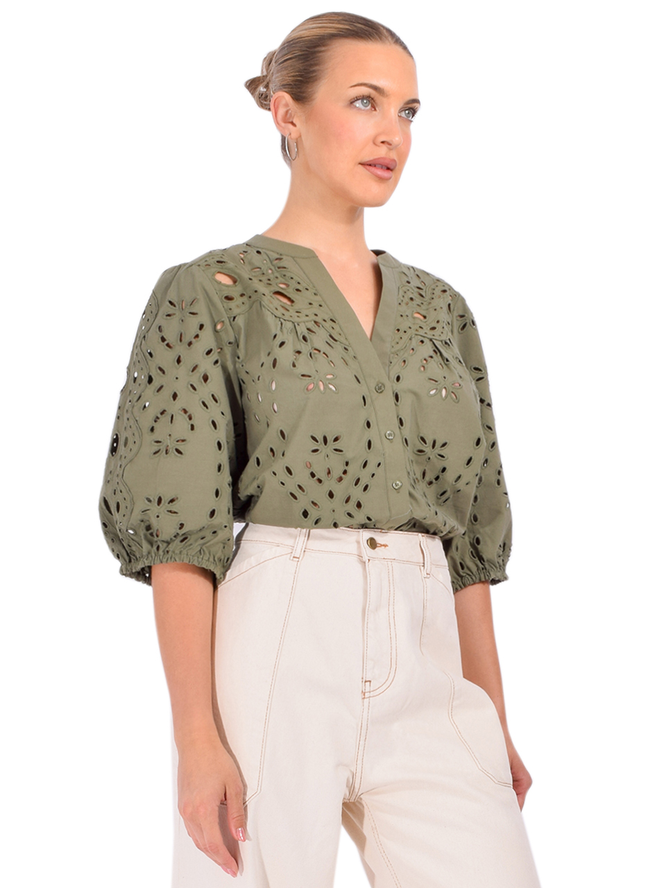 BA&SH Beatrice Eyelet Shirt in Kaki Side View 

