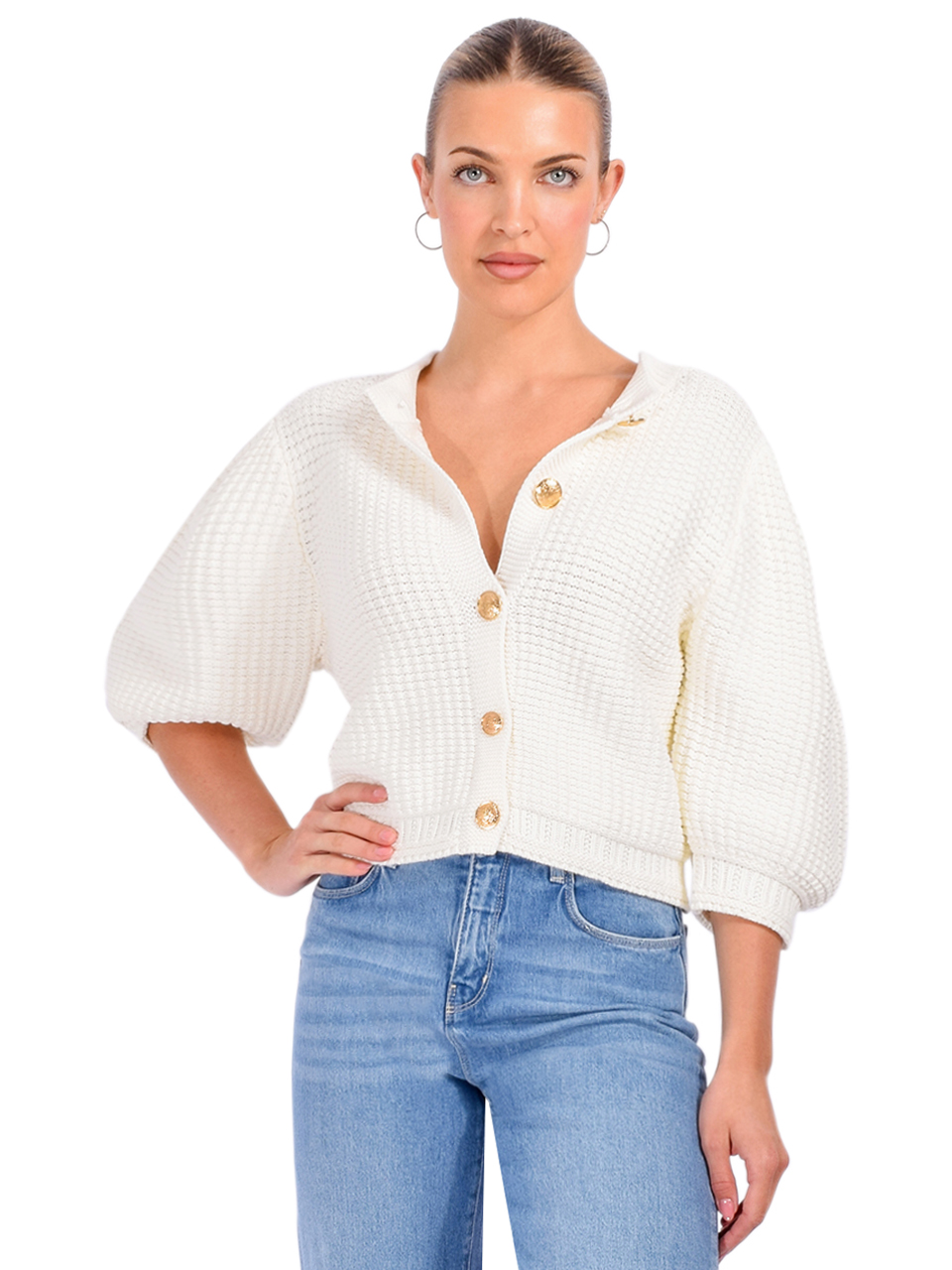 Ba&sh Garance Cardigan in Ecru Front View 