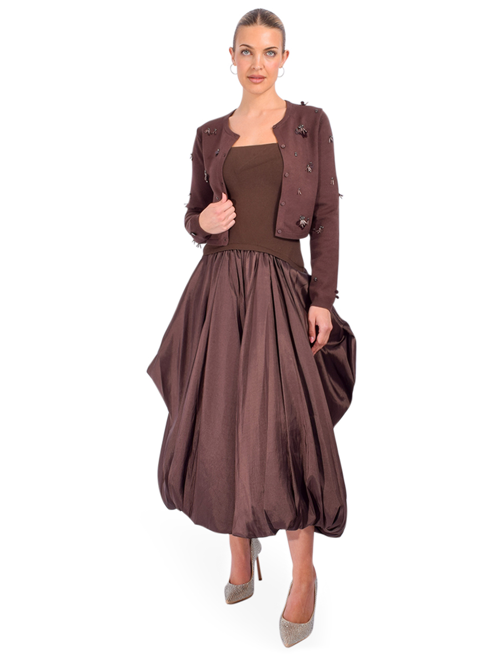 SIMKHAI Zadie Embellished Cropped Cardigan in Cocoa Full Outfit