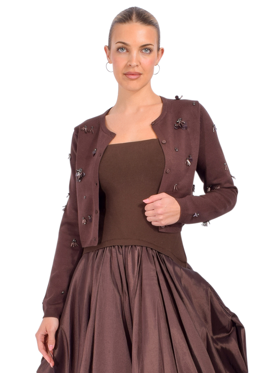 SIMKHAI Zadie Embellished Cropped Cardigan in Cocoa Front View 