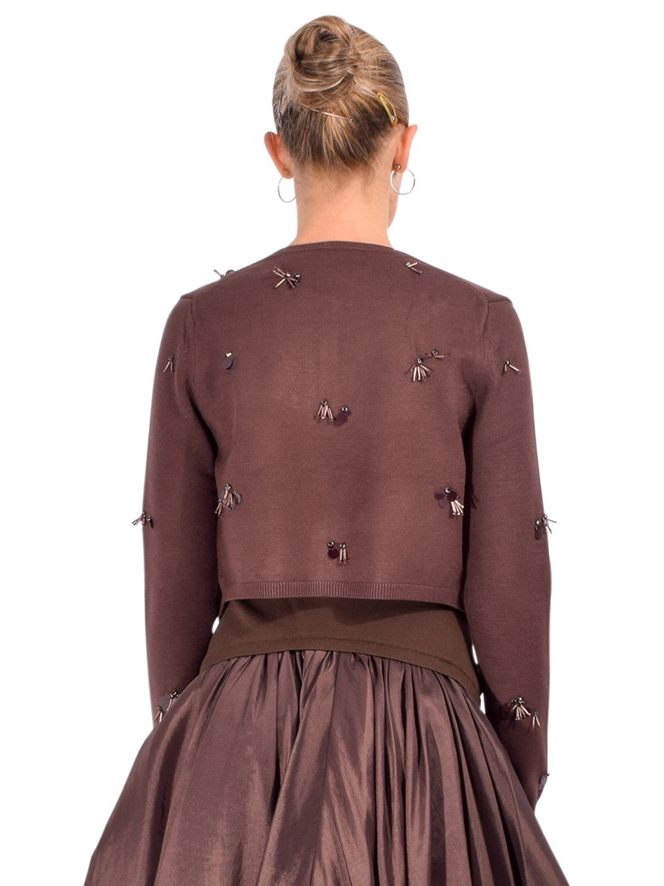 SIMKHAI Zadie Embellished Cropped Cardigan in Cocoa Back View 