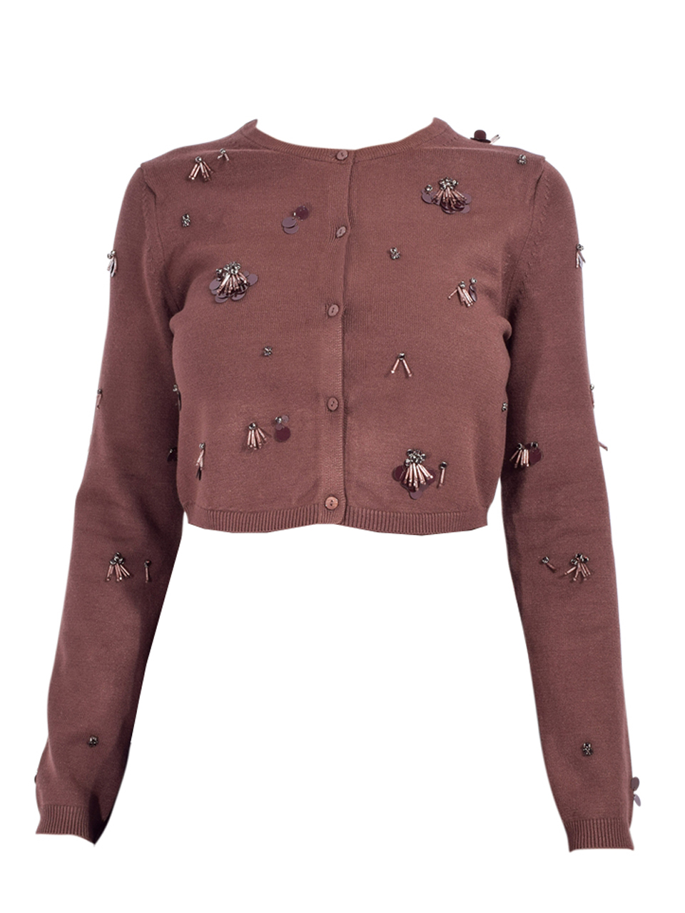 SIMKHAI Zadie Embellished Cropped Cardigan in Cocoa Product Shot 