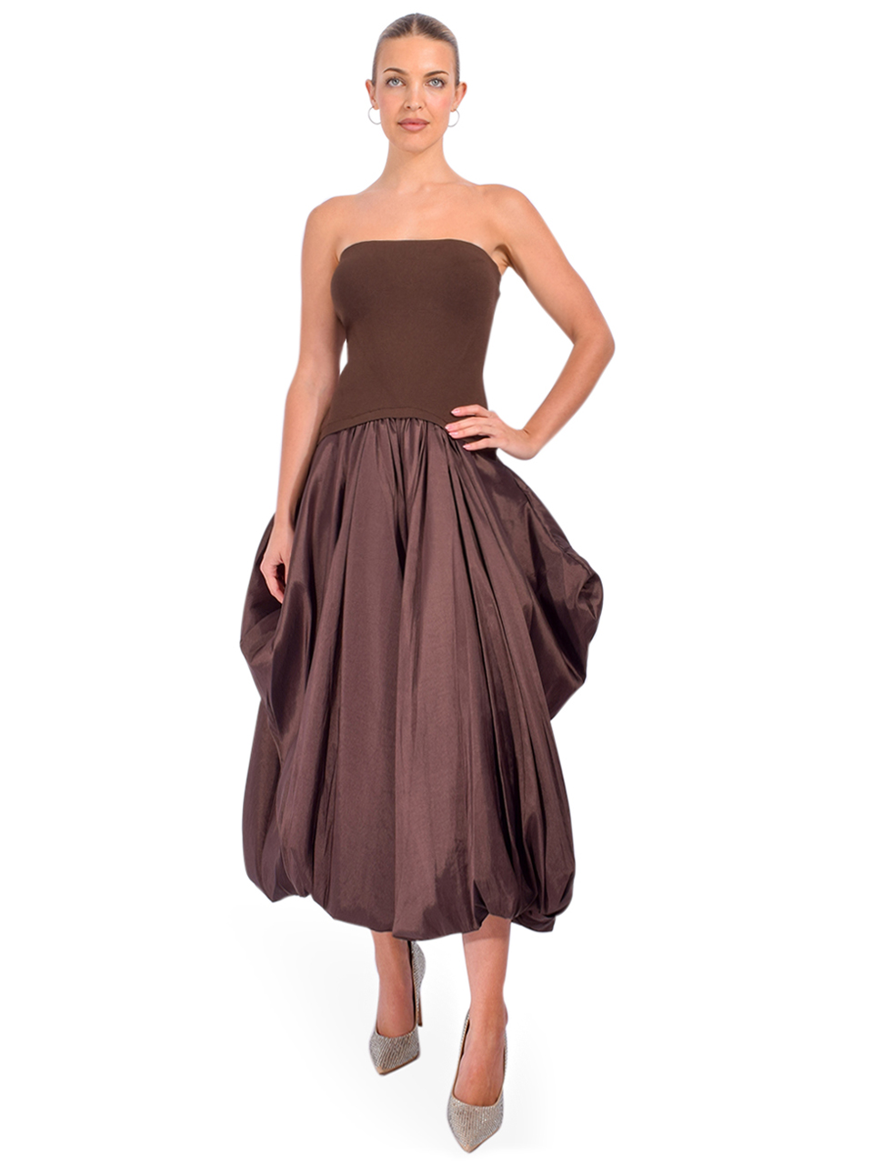 SIMKHAI Izzy Strapless Taffeta Midi Dress in Cocoa Front View 2

