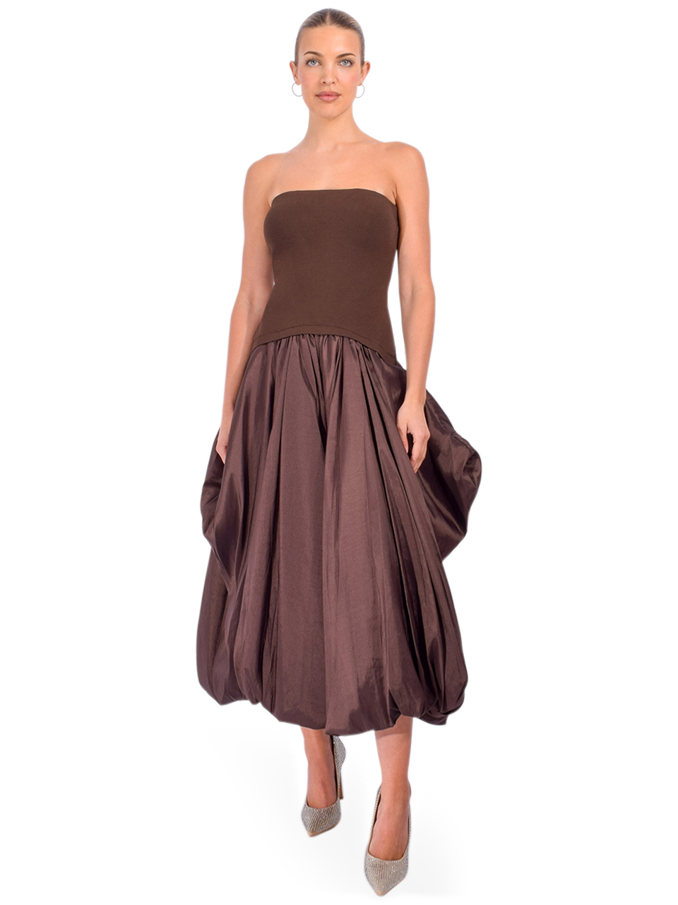 SIMKHAI Izzy Strapless Taffeta Midi Dress in Cocoa Front View 1