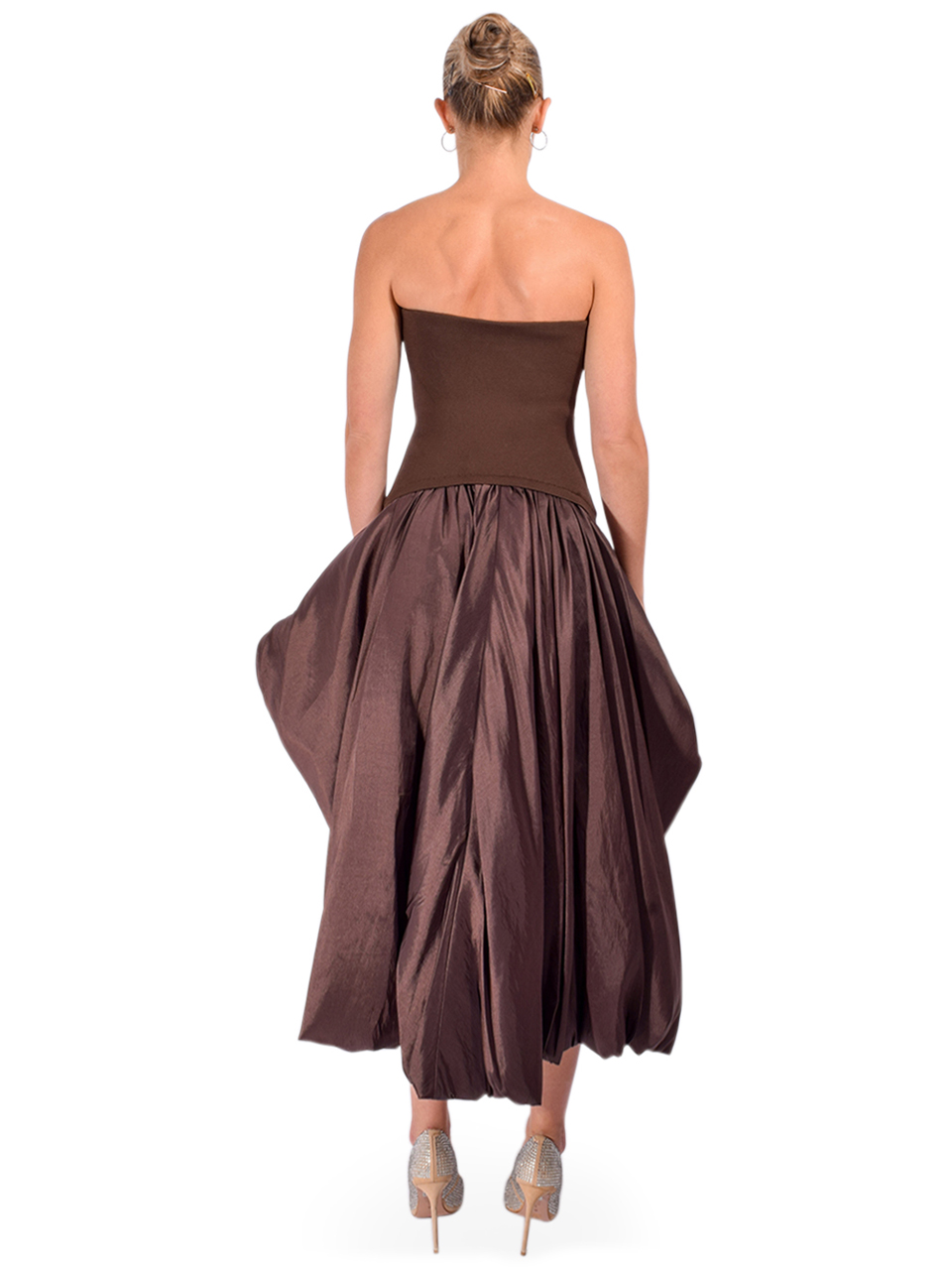 SIMKHAI Izzy Strapless Taffeta Midi Dress in Cocoa Back View
