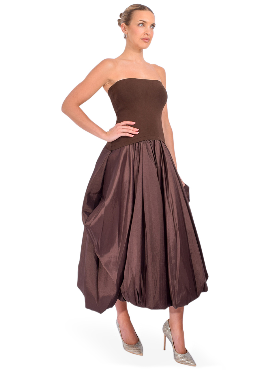 SIMKHAI Izzy Strapless Taffeta Midi Dress in Cocoa Side View 
