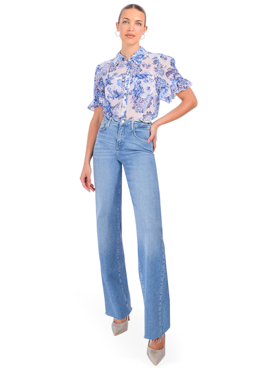 Cinq à Sept Lyra Costal Bouquet Short-Sleeve Top in Endless Sky Multi Full Outfit 