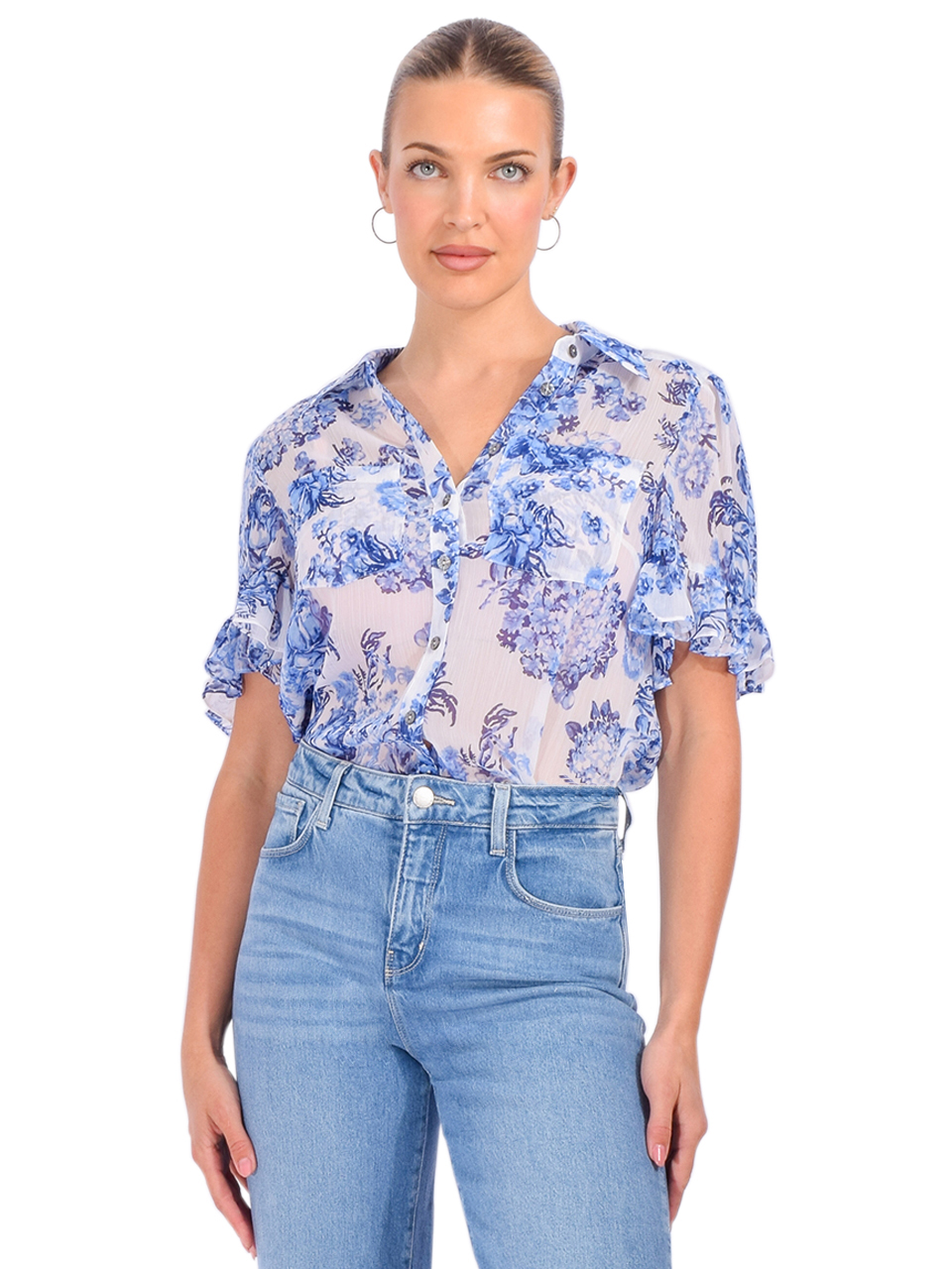 Cinq à Sept Lyra Costal Bouquet Short-Sleeve Top in Endless Sky Multi Front View 