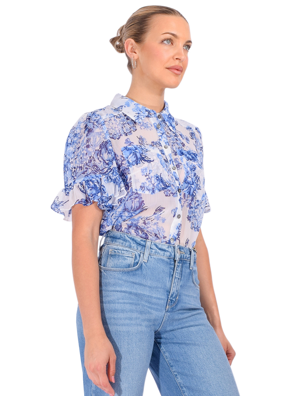 Cinq à Sept Lyra Costal Bouquet Short-Sleeve Top in Endless Sky Multi Side View 