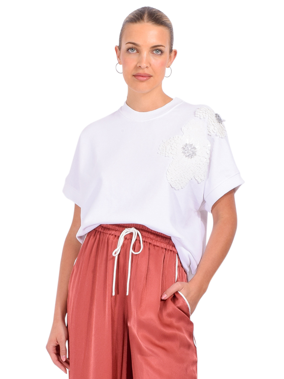 ESSENTIEL ANTWERP Hinoui Embroidered Sweatshirt in White Front View 