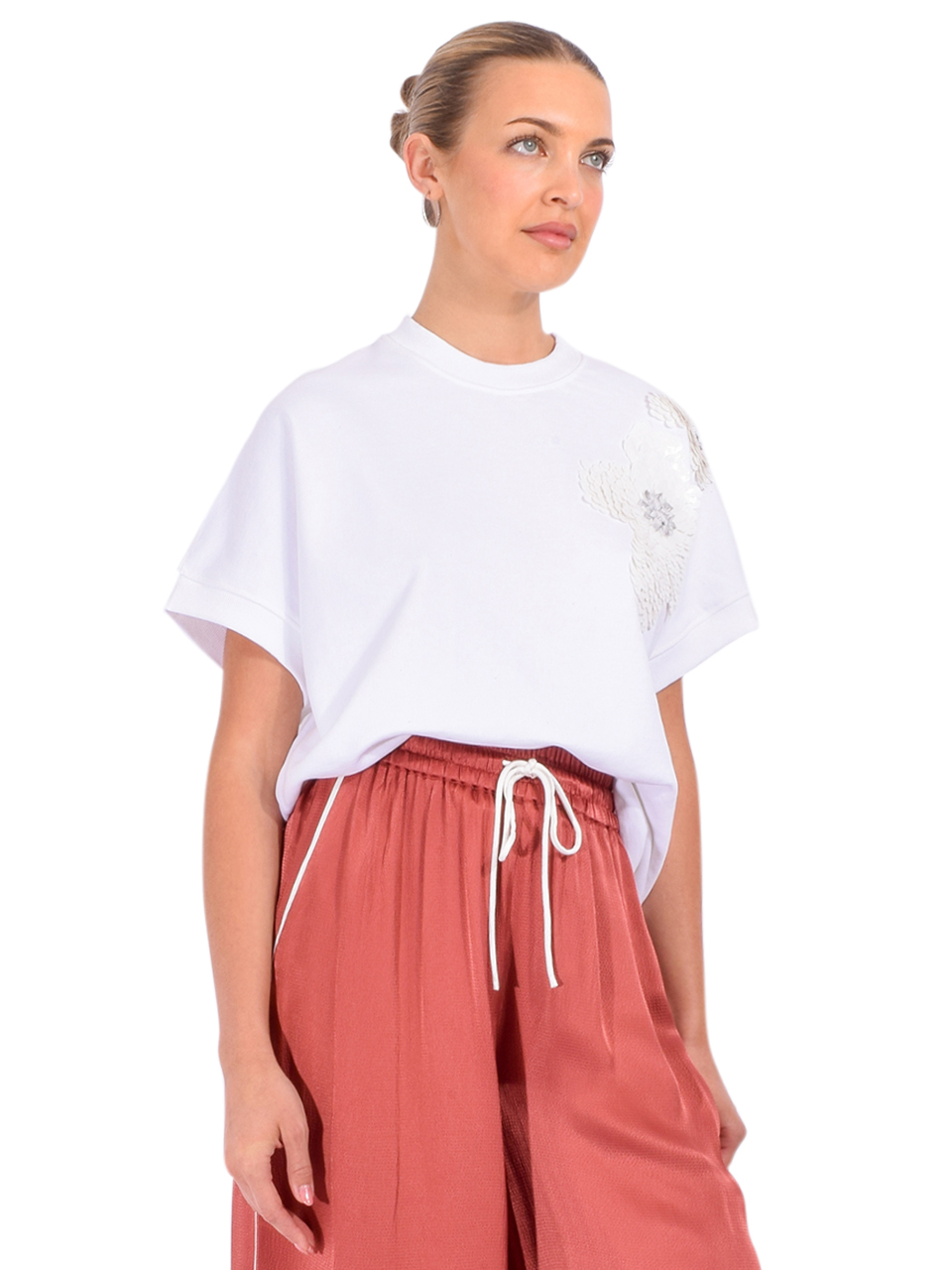 ESSENTIEL ANTWERP Hinoui Embroidered Sweatshirt in White Side View 