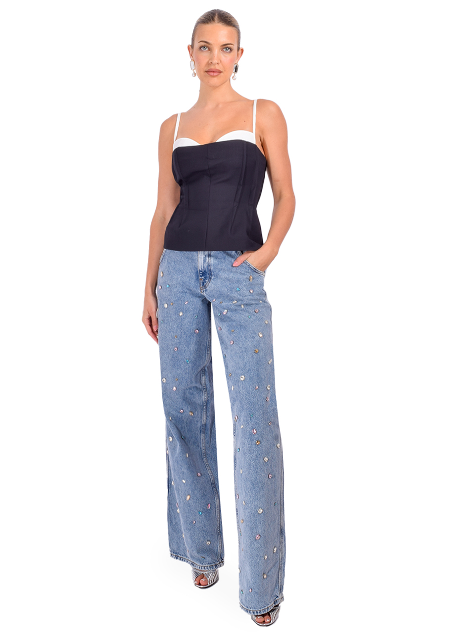 ESSENTIEL ANTWERP Higg Rhinestone Jeans in Lake Blue Full Outfit 