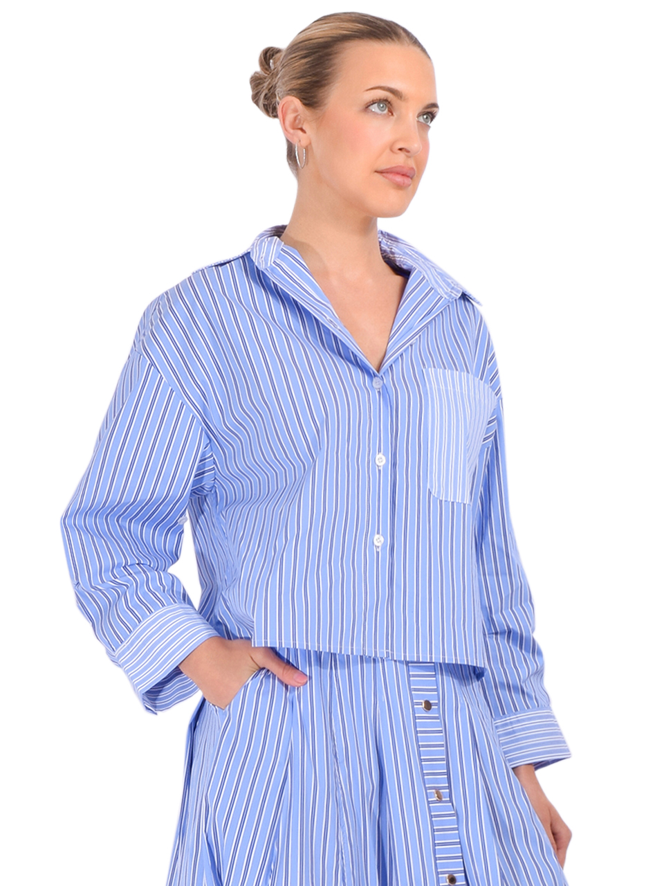 Karina Grimaldi Malaga Striped Shirt in Blue Side View 