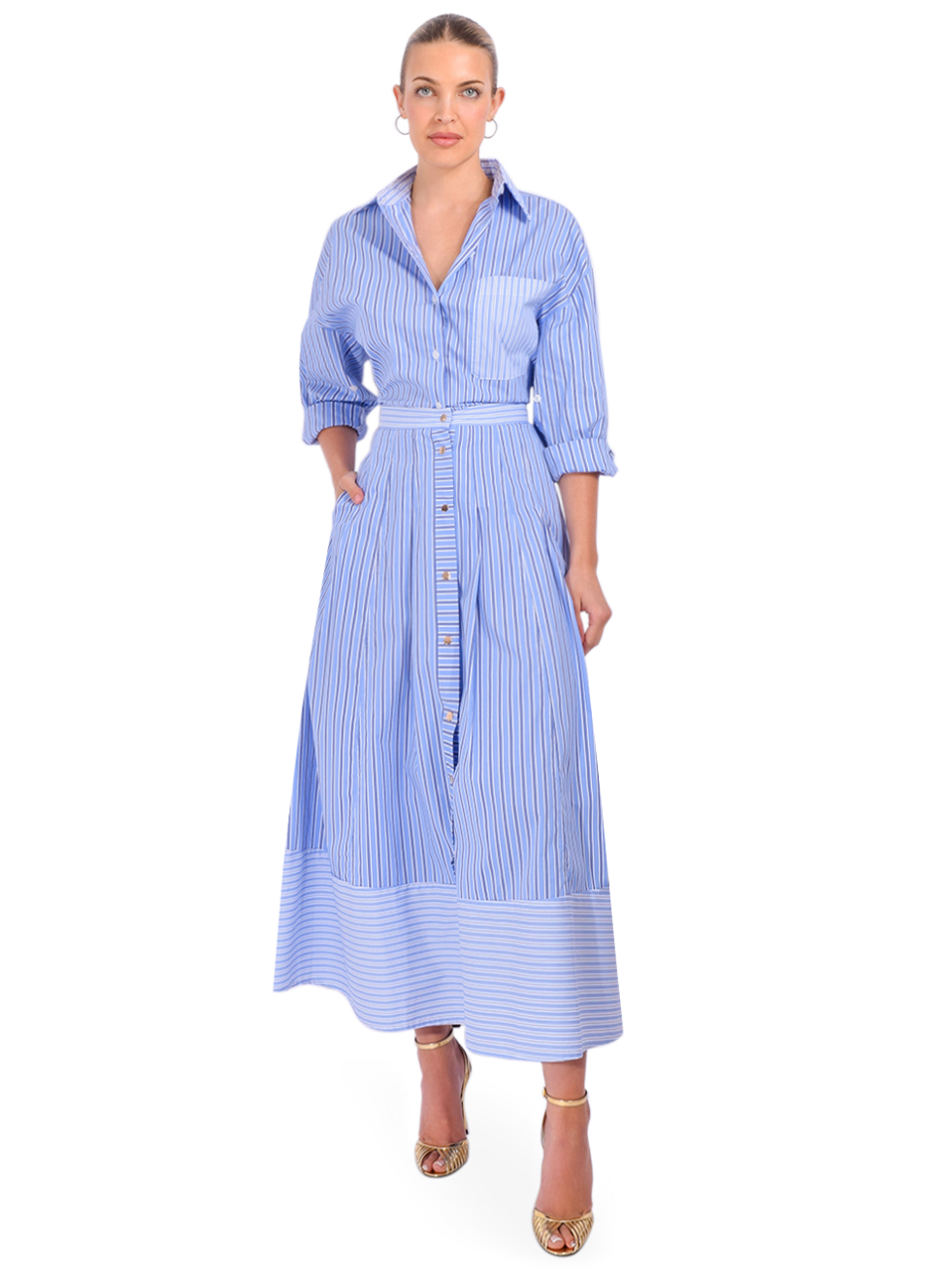 Karina Grimaldi Malaga Striped Skirt in Blue Full Outfit 

