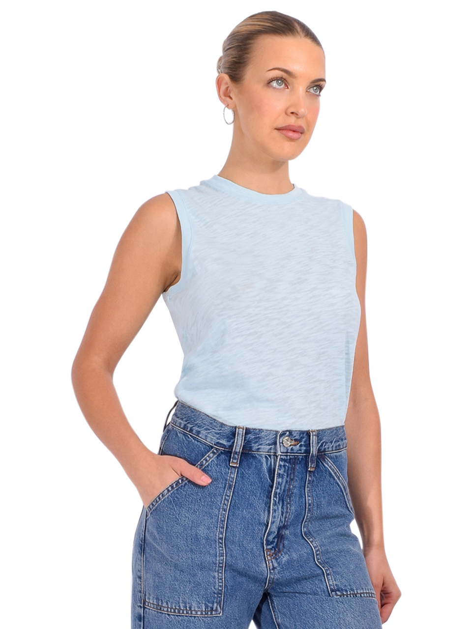 ATM Slub Jersey Sleeveless Schoolboy Tee in Ocean Blue Side View 
