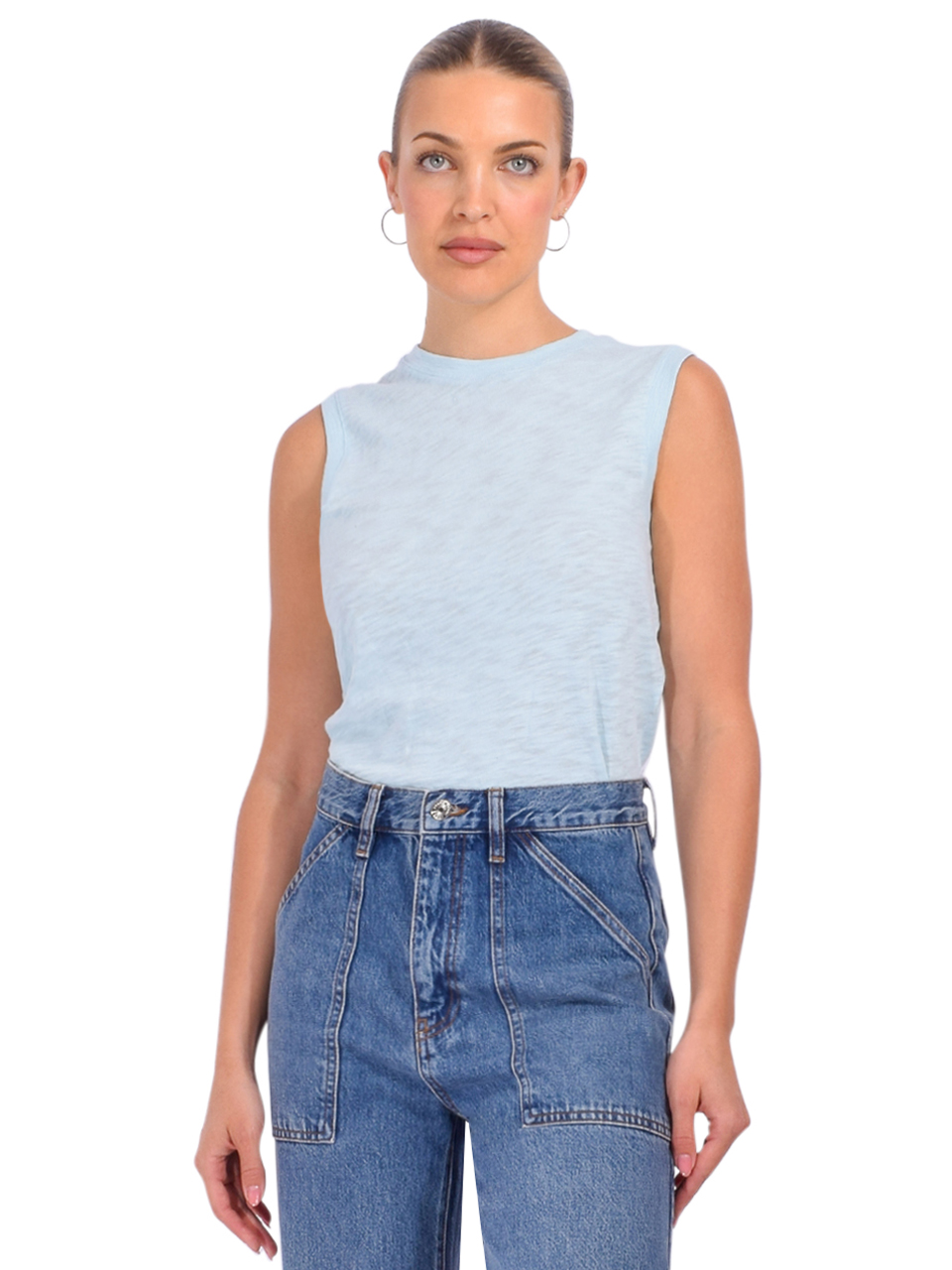 ATM Slub Jersey Sleeveless Schoolboy Tee in Ocean Blue Front View 