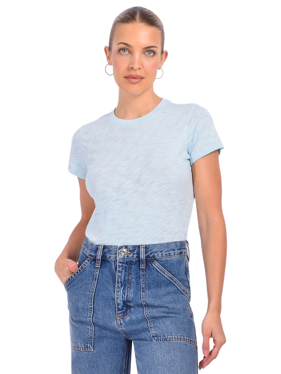 ATM Slub Jersey Schoolboy Short Sleeve Crew Neck Tee in Ocean Blue Front View 