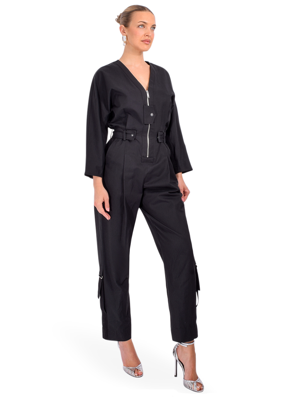 3.1 Phillip Lim 3/4-Sleeve Belted Utility Jumpsuit in Black Side View 