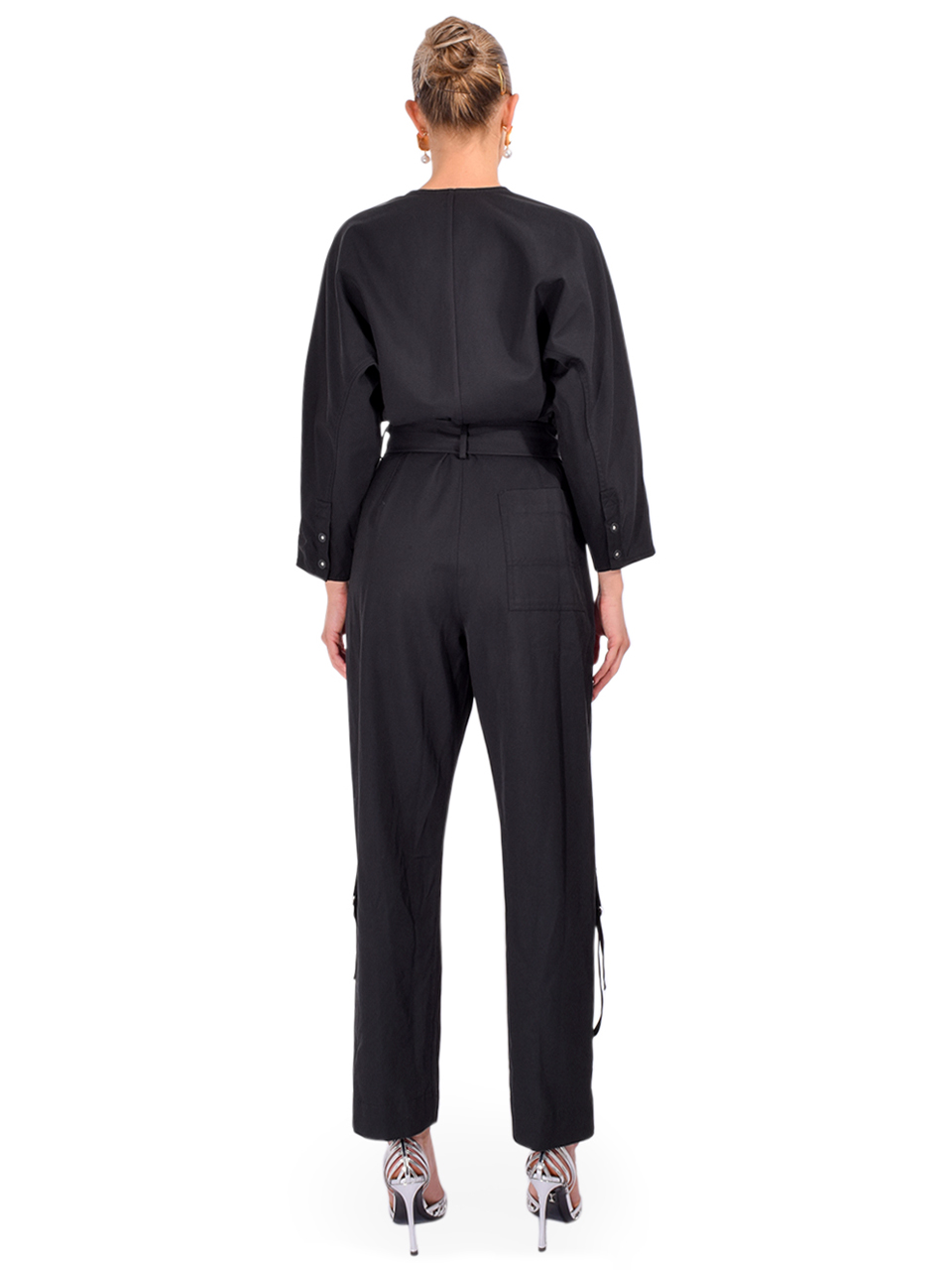 3.1 Phillip Lim 3/4-Sleeve Belted Utility Jumpsuit in Black Back View 