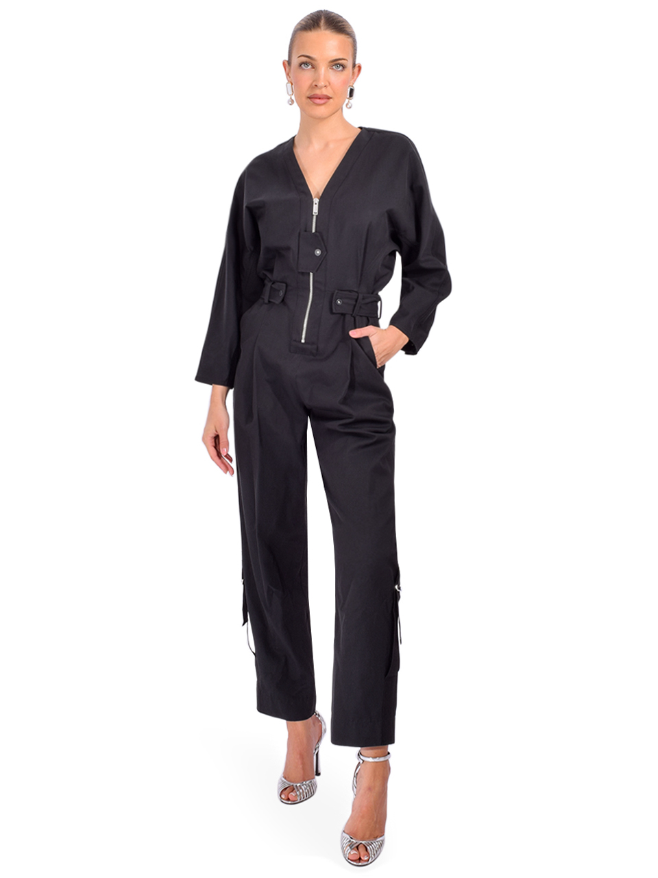 3.1 Phillip Lim 3/4-Sleeve Belted Utility Jumpsuit in Black Front View 1