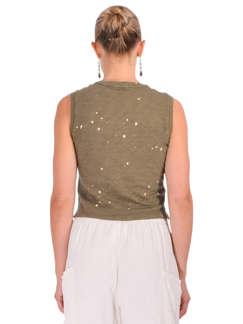 ATM Slub Jersey Splatter Paint Cropped Tank in Army Green Back View 