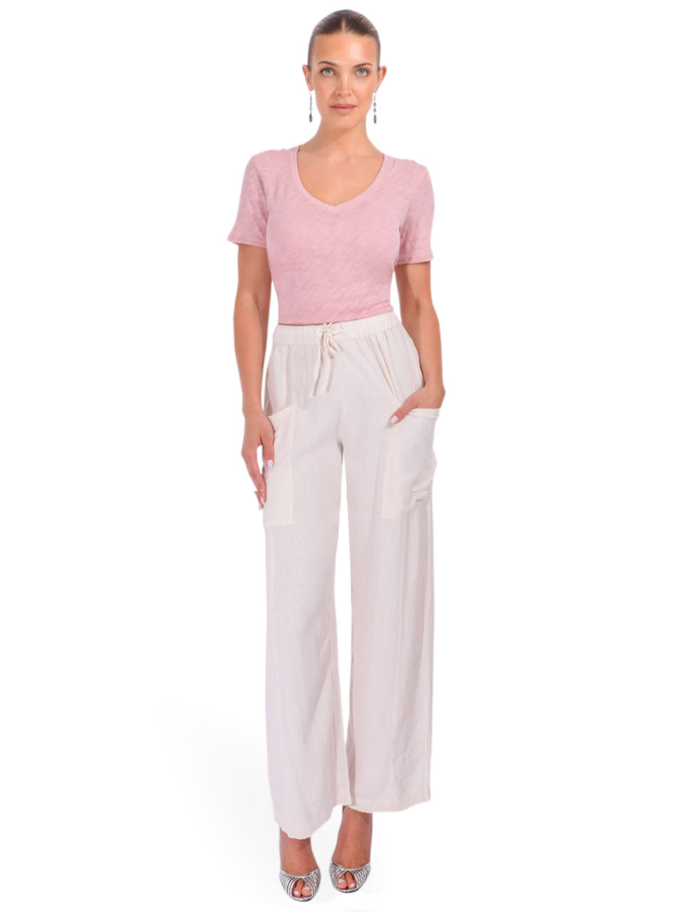 ATM Slub Jersey Classic Short Sleeve V-Neck Tee in Rose Pink Full Outfit 

