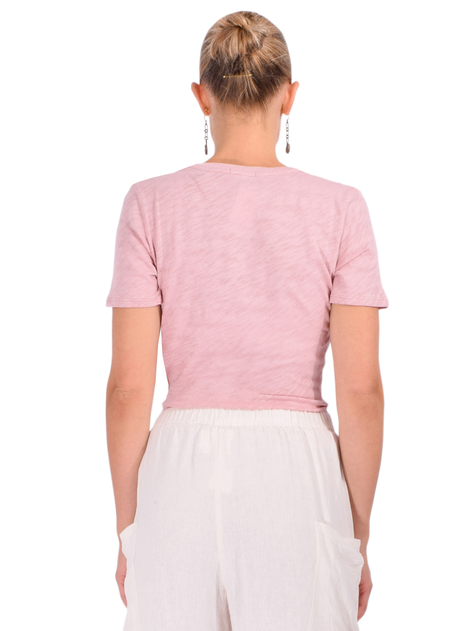 ATM Slub Jersey Classic Short Sleeve V-Neck Tee in Rose Pink Back View 

