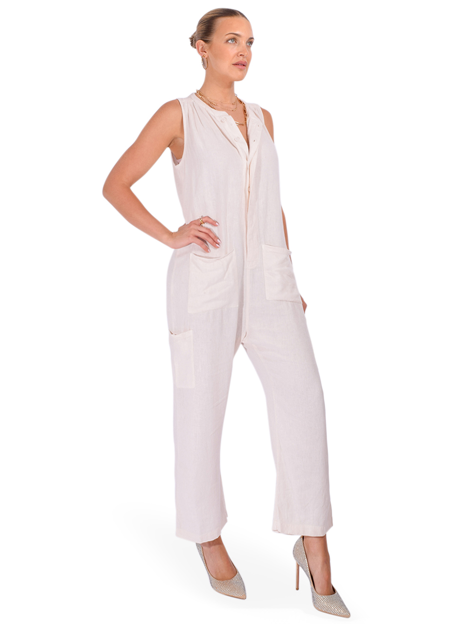 NSF Silva Linen Blend Canvas Romper in Chalk Side View 
