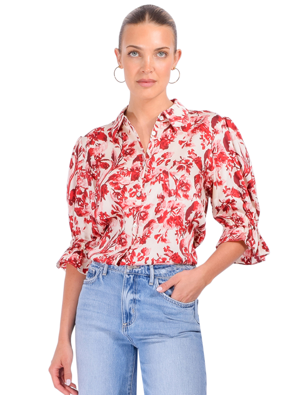 Cinq à Sept Fiona Floral Top in Cherry Rose Multi Front View 