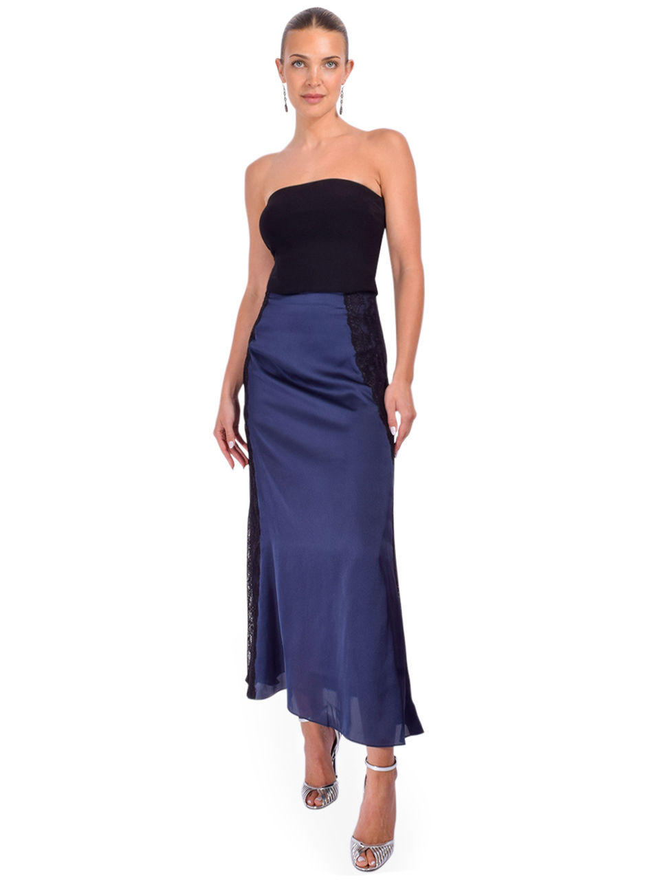 KIKA VARGAS Les Satin Skirt in Navy Full Outfit 

