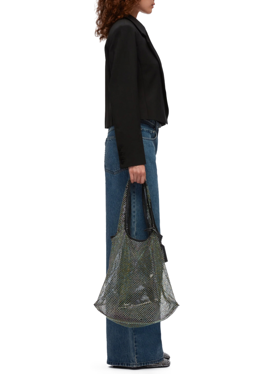 3.1 Phillip Lim Crystal Embellished Mesh Market Tote in Black on Model
