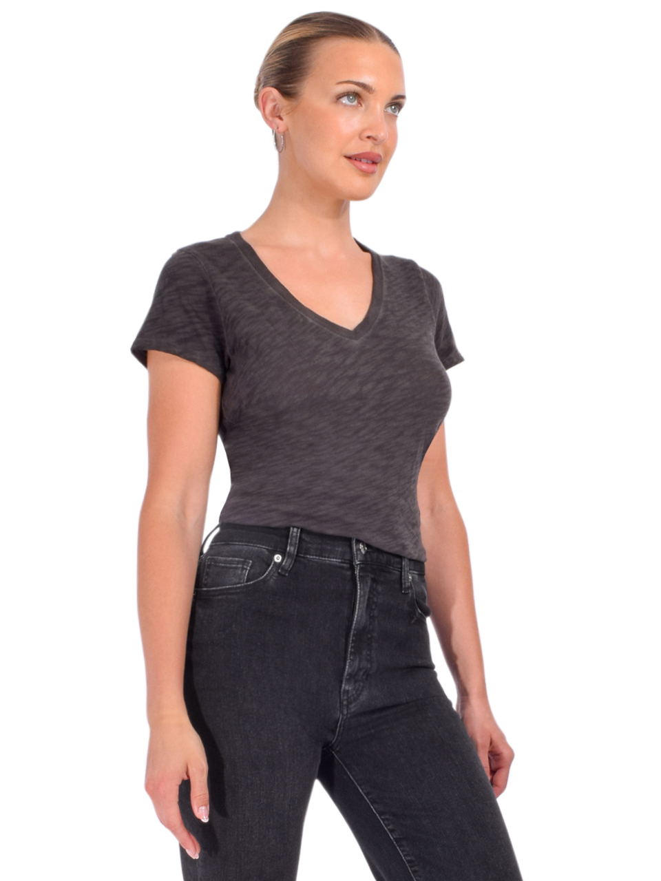 ATM Slub Jersey Schoolboy V‑Neck Tee in Black Sublime Side View 
