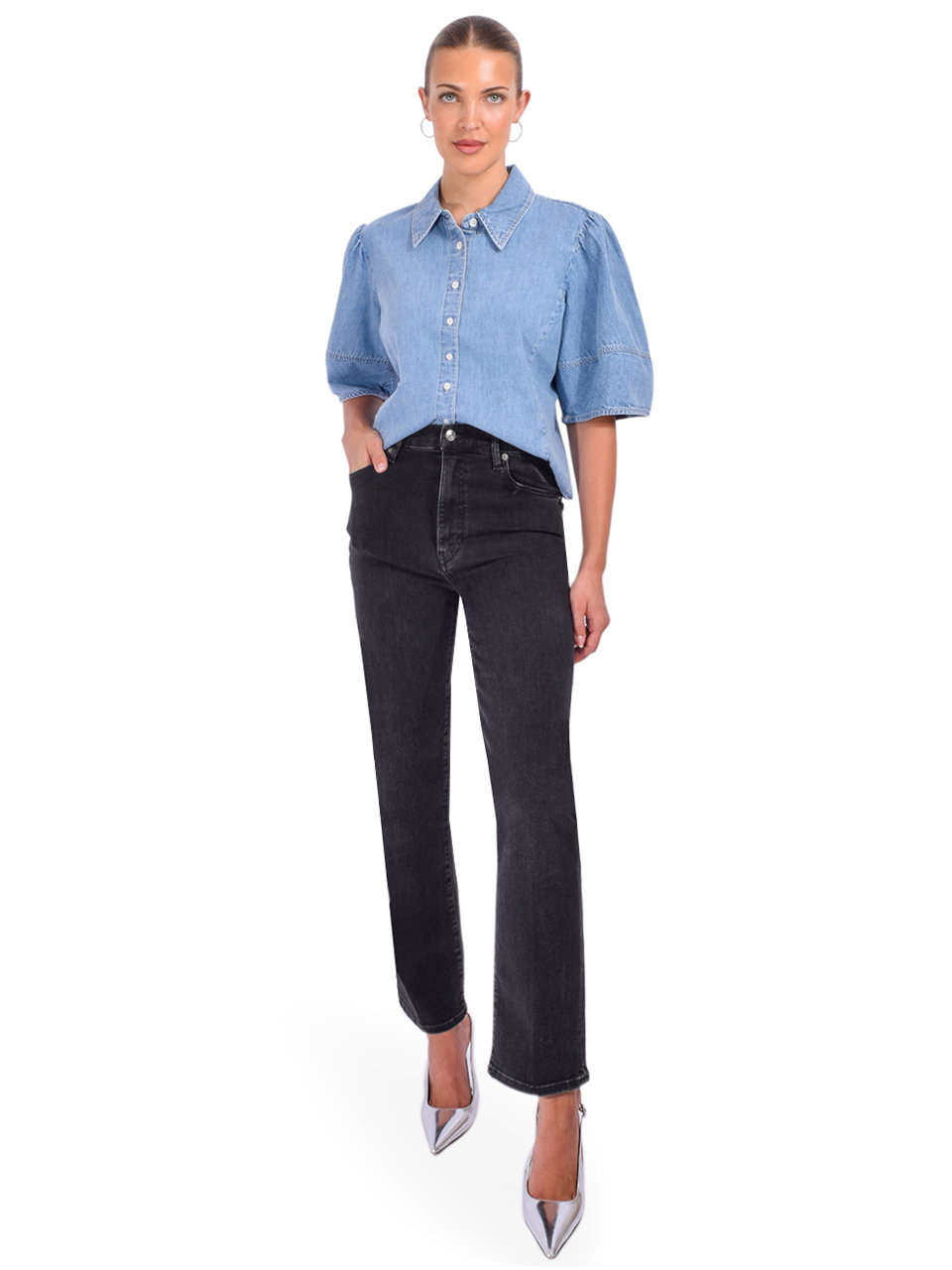 FRAME Denim Lantern Blouse in Aphrodite Full Outfit 